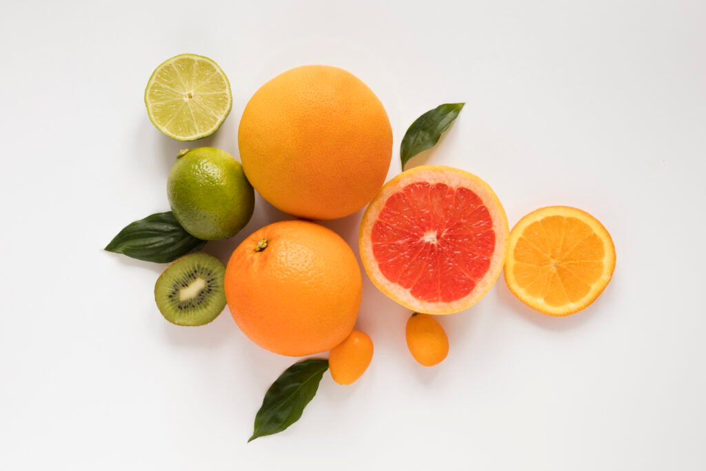 top view organic grapefruit with kiwi lime